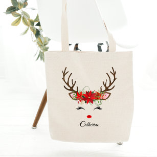 Floral Christmas Reindeer Personalised Name Tote Bag