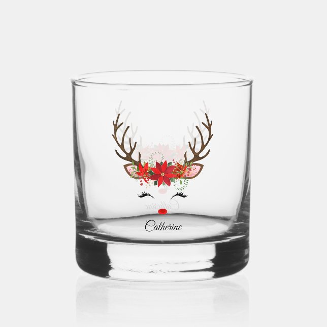 Floral Christmas Reindeer Personalised Name Whiskey Glass (Front)