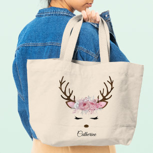 Floral Christmas Reindeer Personalized Name Large Tote Bag