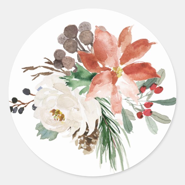 Floral Christmas Round Sticker (Front)
