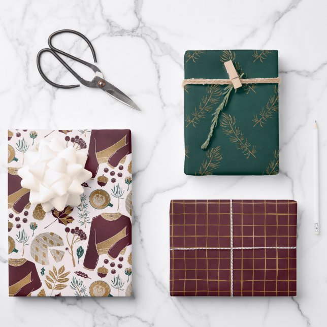 Floral Christmas Sweater Party Wrapping Paper Sheet (Front)