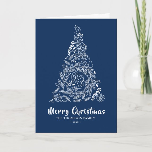 Floral Christmas Tree | Poinsettia Pine Bough Blue Holiday Card (Front)