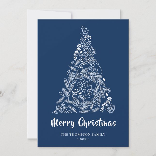 Floral Christmas Tree | Poinsettia Pine Bough Blue Holiday Card (Front)