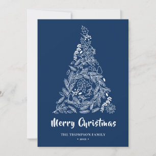 Floral Christmas Tree   Poinsettia Pine Bough Blue Holiday Card