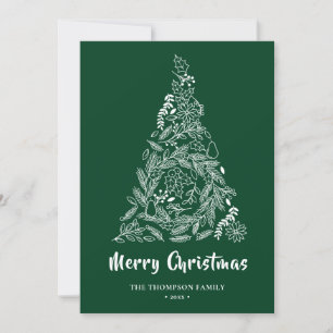 Floral Christmas Tree  Poinsettia Pine Bough Green Holiday Card