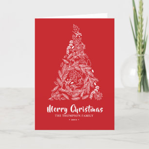 Floral Christmas Tree   Poinsettia Pine Bough Red Holiday Card