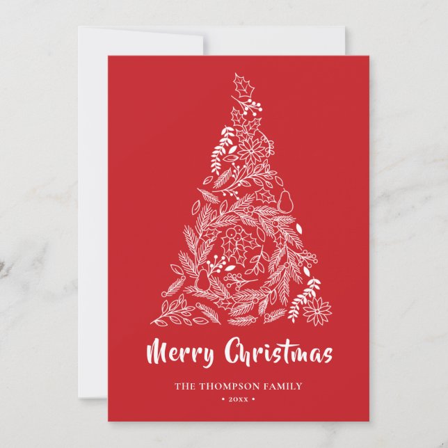 Floral Christmas Tree | Poinsettia Pine Bough Red Holiday Card (Front)