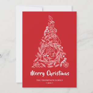 Floral Christmas Tree   Poinsettia Pine Bough Red Holiday Card