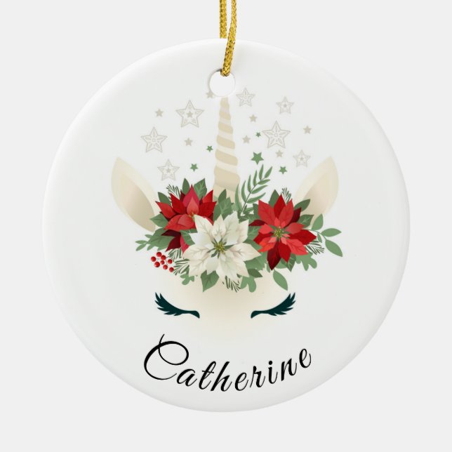 Floral Christmas Unicorn | Holidays Personalised Ceramic Tree Decoration (Front)