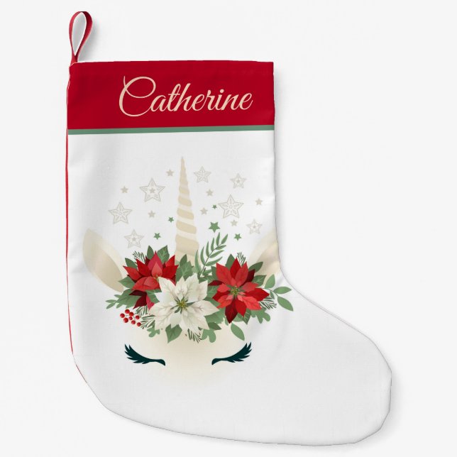 Floral Christmas Unicorn | Holidays Personalised Small Christmas Stocking (Front)
