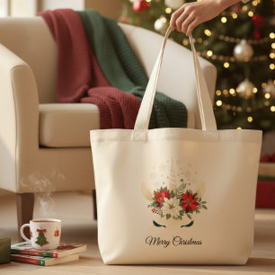 Floral Christmas Unicorn Merry Christmas Large Tote Bag