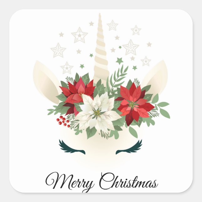 Floral Christmas Unicorn | Merry Christmas Square Sticker (Front)