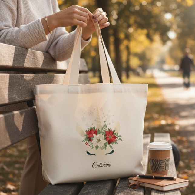 Floral Christmas Unicorn Personalised Name Large Tote Bag (Creator Uploaded)