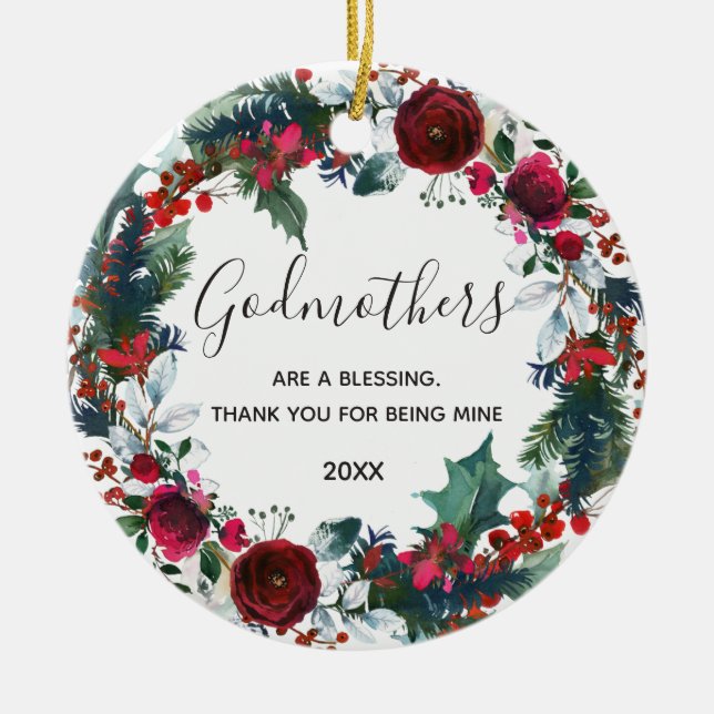 Floral Christmas Winter Red Wreath Godmothers Ceramic Tree Decoration (Front)