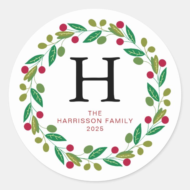Floral Christmas Wreath Family Monogrammed Name Classic Round Sticker (Front)