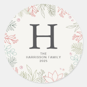 Floral Christmas Wreath Family Monogrammed Name Classic Round Sticker