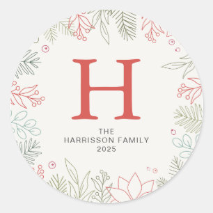 Floral Christmas Wreath Family Monogrammed Name Classic Round Sticker