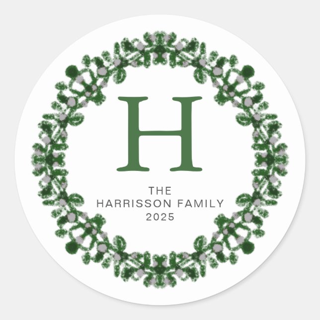 Floral Christmas Wreath Family Monogrammed Name Classic Round Sticker (Front)