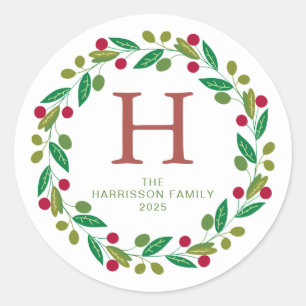 Floral Christmas Wreath Family Monogrammed Name Classic Round Sticker