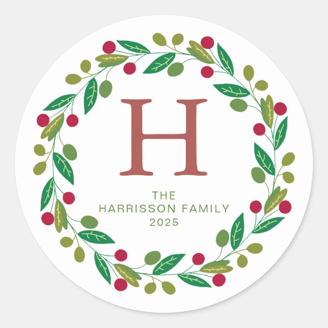 Floral Christmas Wreath Family Monogrammed Name Classic Round Sticker (Front)