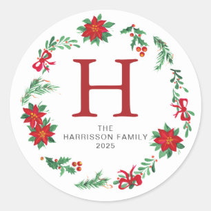 Floral Christmas Wreath Family Monogrammed Name Classic Round Sticker