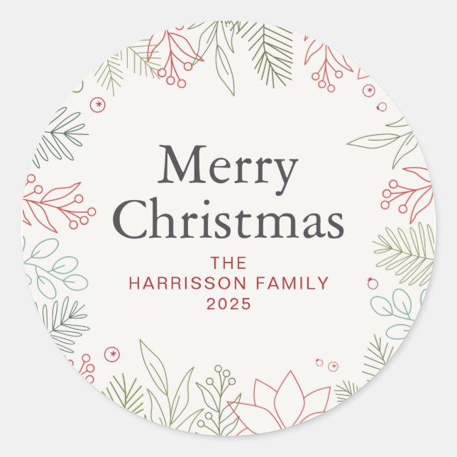 Floral Christmas Wreath Family Name Classic Round Sticker (Front)