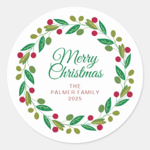 Floral Christmas Wreath Family Name Classic Round Sticker
