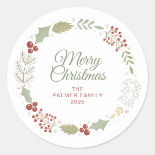 Floral Christmas Wreath Family Name Classic Round Sticker