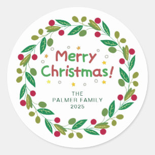 Floral Christmas Wreath Family Name Classic Round Sticker