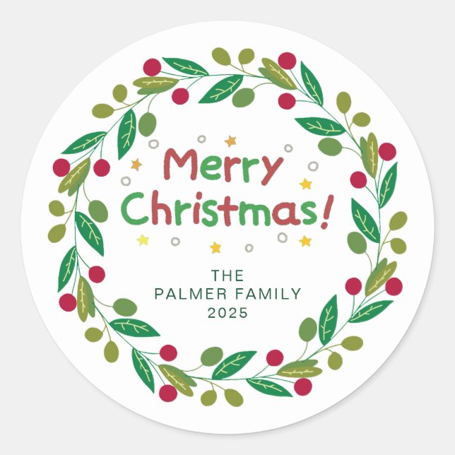 Floral Christmas Wreath Family Name Classic Round Sticker (Front)