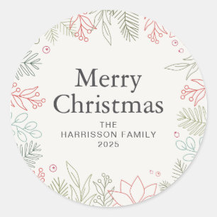Floral Christmas Wreath Family Name Classic Round Sticker