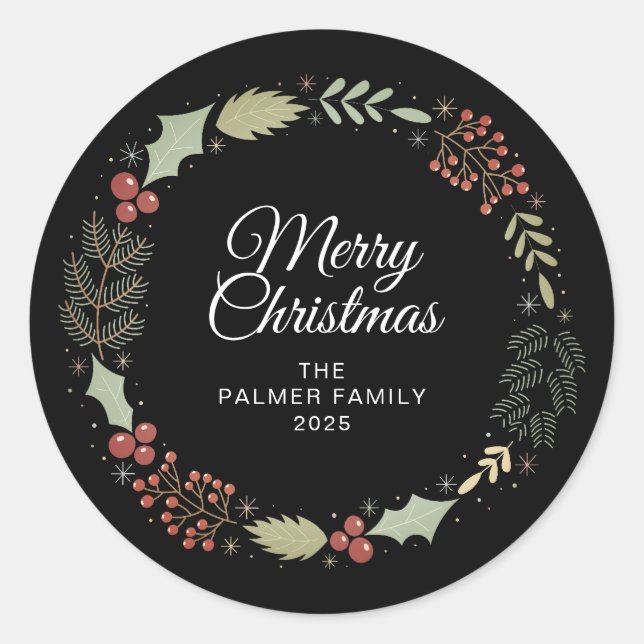 Floral Christmas Wreath Family Name Classic Round Sticker (Front)