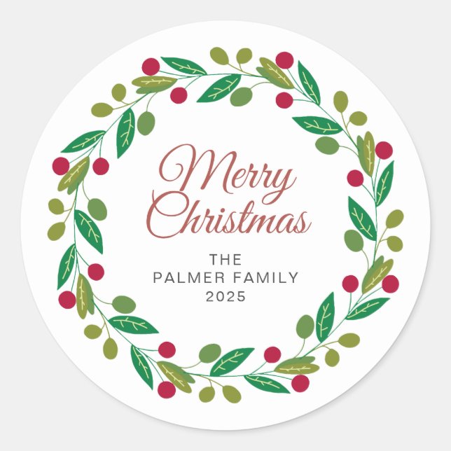 Floral Christmas Wreath Family Name Classic Round Sticker (Front)