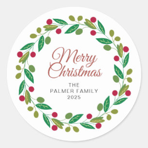 Floral Christmas Wreath Family Name Classic Round Sticker