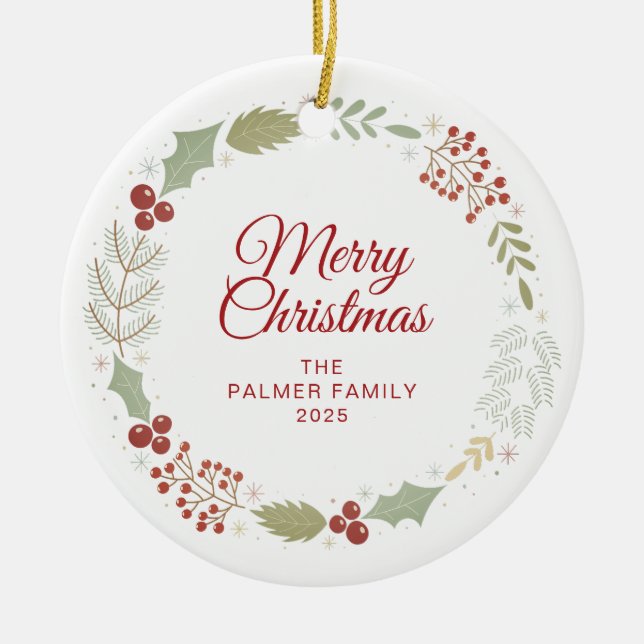 Floral Christmas Wreath Family Photo Ceramic Tree Decoration (Front)