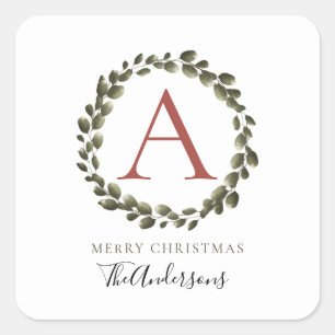 Floral Christmas Wreath Monogrammed Family Name Square Sticker