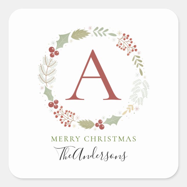 Floral Christmas Wreath Monogrammed Family Name Square Sticker (Front)