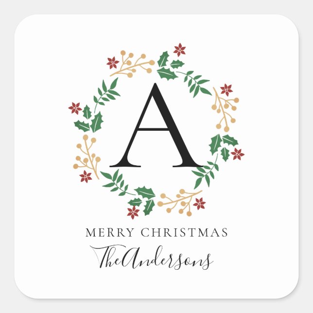 Floral Christmas Wreath Monogrammed Family Name Square Sticker (Front)