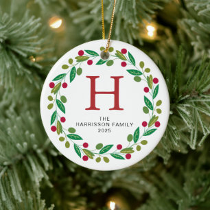Floral Christmas Wreath Monogrammed Family Photo Ceramic Tree Decoration