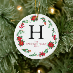 Floral Christmas Wreath Monogrammed Family Photo Ceramic Tree Decoration