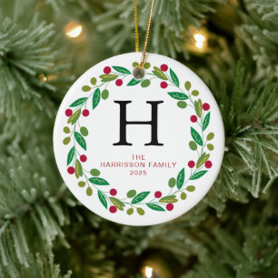 Floral Christmas Wreath Monogrammed Family Photo Ceramic Tree Decoration
