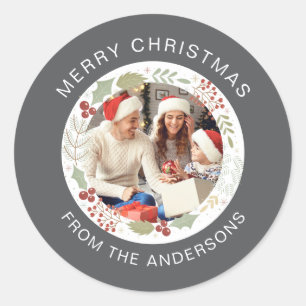 Floral Christmas Wreath Photo Family Name Classic Round Sticker