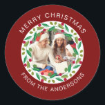 Floral Christmas Wreath Photo Family Name Classic Round Sticker<br><div class="desc">Floral Christmas Wreath Photo Family Name</div>