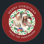 Floral Christmas Wreath Photo Family Name Classic Round Sticker<br><div class="desc">Floral Christmas Wreath Photo Family Name</div>