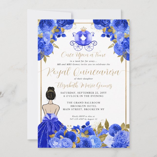 Floral Cinderella Princess Royal Blue Quinceanera Invitation (Front)