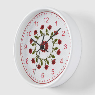 Floral Circle of Red Roses, White Lattice Pattern Wall Clock