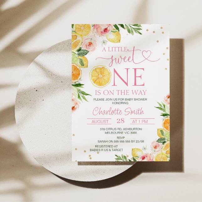 Floral Citrus A Little Sweet One Baby Shower  Invitation (A little sweet one is on the way baby shower invitation for baby girl with lemons and oranges.)