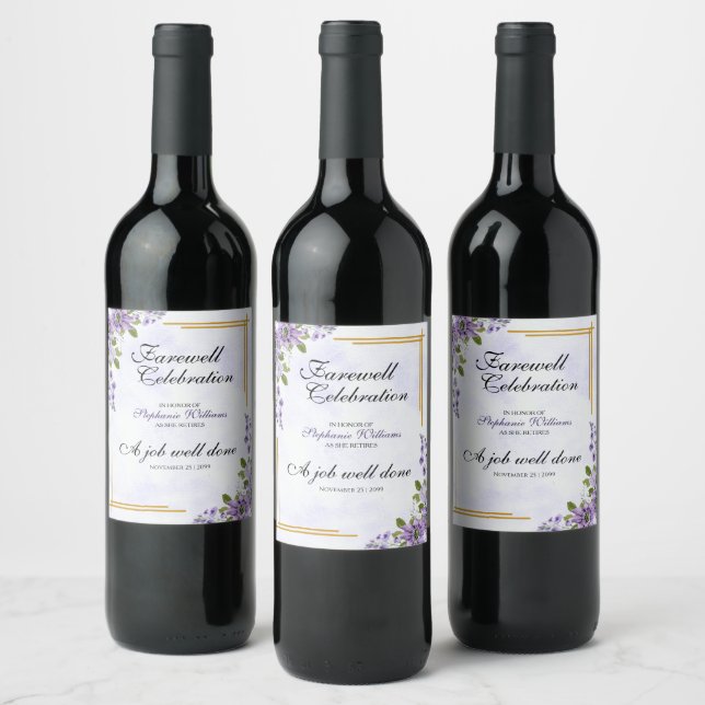 Floral Classic Elegant Women's Farewell Party  Wine Label (Bottles)