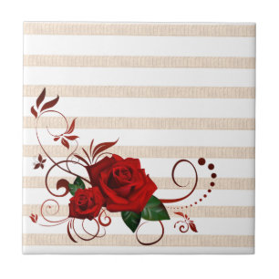 Floral Classic Red Rose Ceramic Tile Beige Stripe