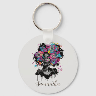 Floral Classy Afro Woman Key Ring